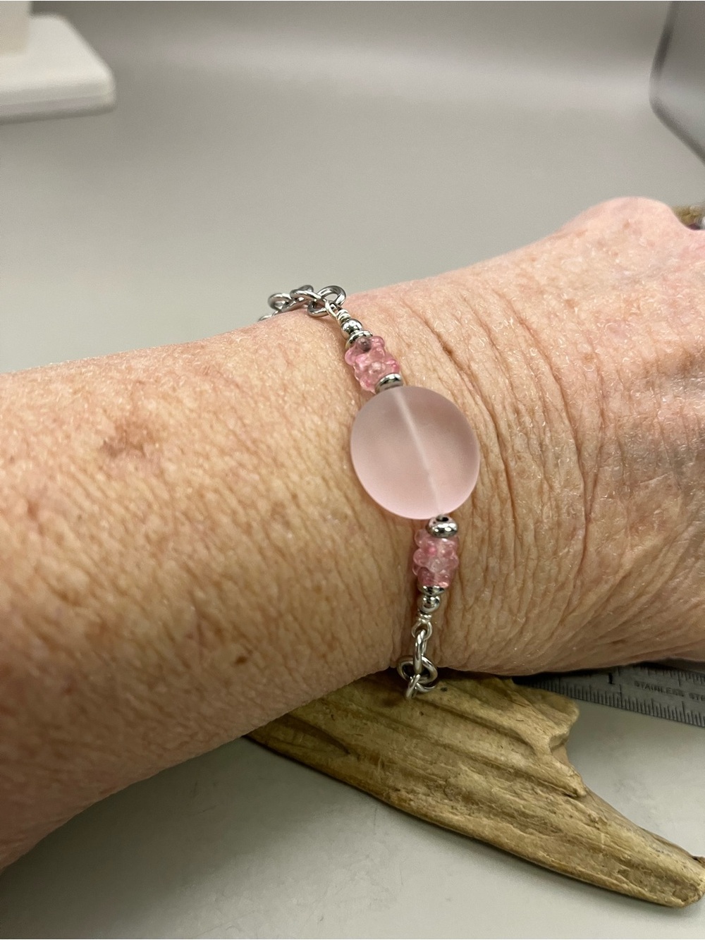 Silver Tone Pink Sea Glass Bead Chain Bracelet | Frosted Glass Boho Balletcore - Picture 4 of 4
